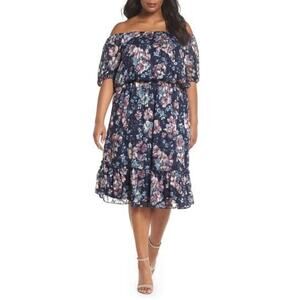 Adrianna Papell Womens Floral Burnout Off The Shoulder Dress Plus Size 24W 12778